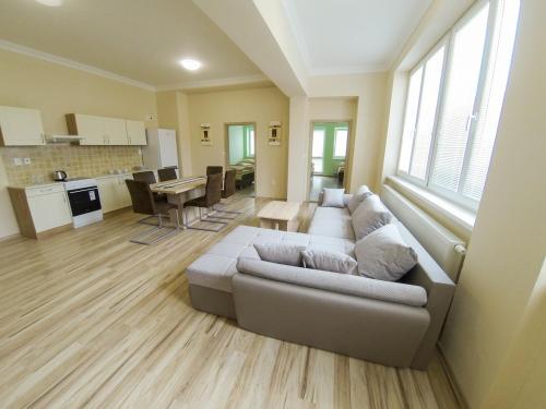 ein Wohnzimmer mit einem Sofa und einer Küche in der Unterkunft Apartmány ORAVA-EDDA in Trenčianske Teplice