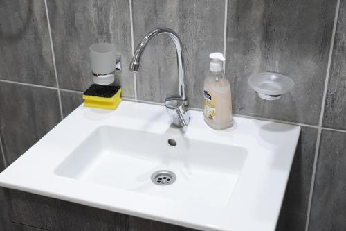 ニシュにあるMps Lux Apartmentsのバスルーム(白いシンク、石鹸ディスペンサー付)