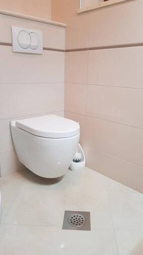 a bathroom with a white toilet and a drain in the floor at Apartments Toncic in Lumbarda