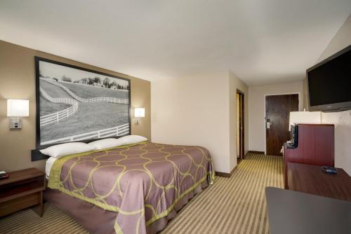 a hotel room with a bed and a flat screen tv at Super 8 by Wyndham Lexington Hamburg Area in Lexington