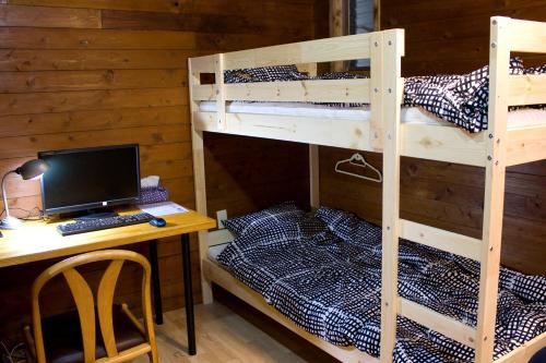 a room with two bunk beds and a desk with a computer at Tsukiji Hostel Wakayama 3 in Wakayama