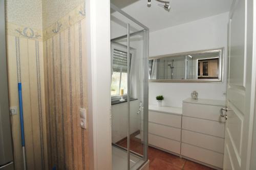 バート・ブライジクにあるFerienwohnung Bergdomizilのガラスドア付きのバスルーム、キッチンが備わります。