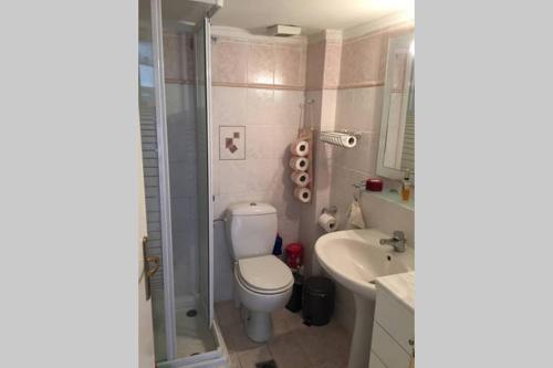 a bathroom with a toilet and a sink and a shower at Isabelle's apartment in Kallithea Halkidikis