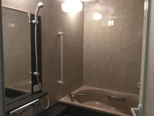 a bathroom with a sink and a shower with a mirror at Niseko Youraku Hotel in Niseko