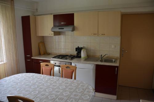 eine Küche mit einem Tisch, Stühlen und einem Waschbecken in der Unterkunft Apartma Podgornik in Most na Soči