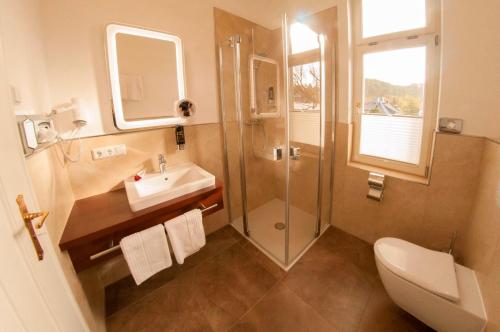 ein Badezimmer mit Dusche, Waschbecken und Toilette in der Unterkunft Pension VILLA KLEINE WARTBURG in Eisenach