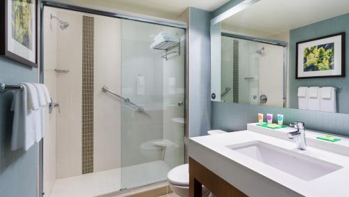 a bathroom with a sink and a shower at Hyatt Place St. Petersburg/Downtown in St Petersburg