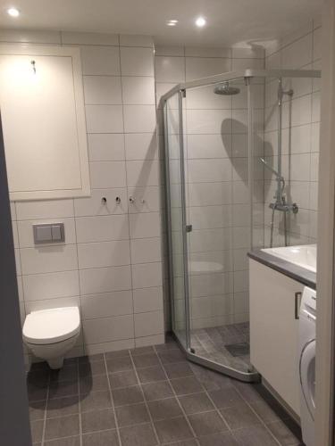 a bathroom with a shower and a toilet and a sink at Førde in Førde