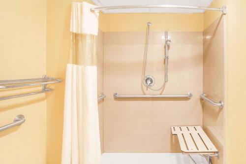 a bathroom with a shower and a toilet with a shower curtain at Knights Inn Mount Laurel in Mount Laurel