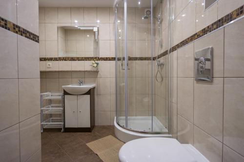 シュクラルスカ・ポレンバにあるPokoje Gościnne Magdaのバスルーム(トイレ、洗面台、シャワー付)