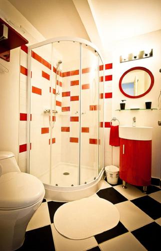 a bathroom with a shower and a toilet at Hotel Saint-Donat in Saint-Donat-de-Montcalm