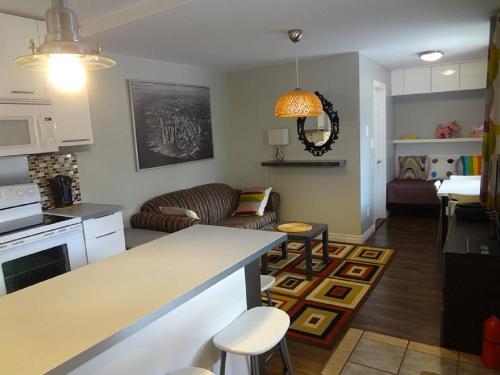 a kitchen and a living room with a counter top at Hotel Saint-Donat in Saint-Donat-de-Montcalm