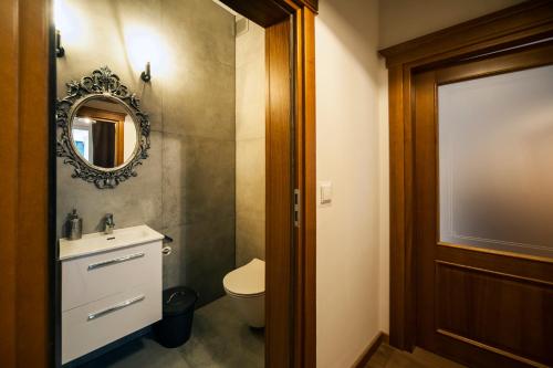 a bathroom with a toilet and a mirror at Very Berry - Orzeszkowej 10 - MTP Apartment, parking, balcony, check in 24h in Poznań