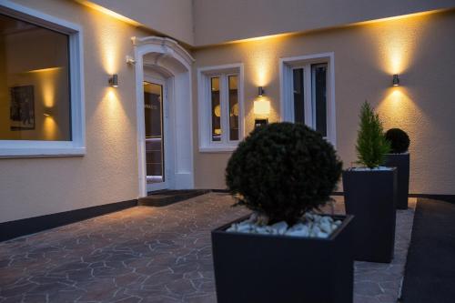 a building with two potted plants in front of it at Parkhotel Cochem in Cochem