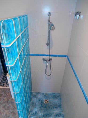 a bathroom with a shower with a blue tiled floor at Villa Casa rosa Maria in Platja d'Aro