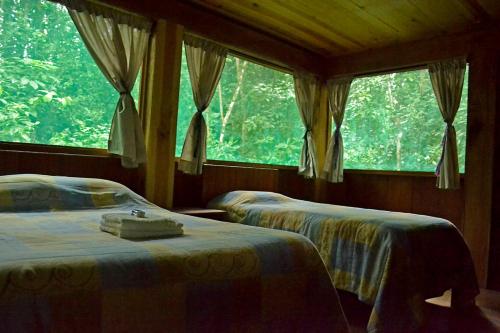 two beds in a room with a large window at Campamento Rio Lacanja in Lacanjá