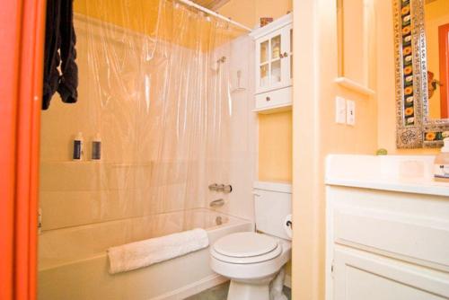 uma casa de banho com um WC, um chuveiro e um lavatório. em Barton Hills Condo em Austin
