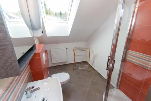 a bathroom with a toilet and a skylight at Penzion U Pešků in Horní Planá
