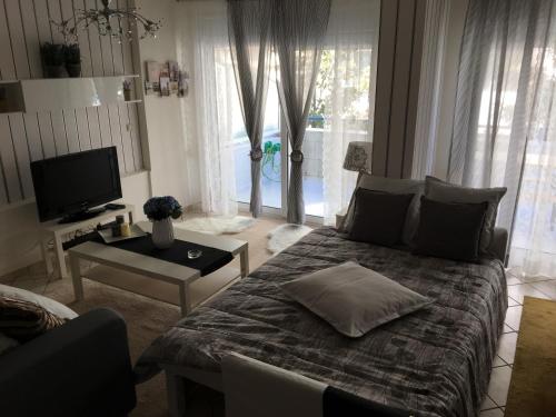 a bedroom with a bed with a television and a table at Luxury City Center Apartment in Kalabaka