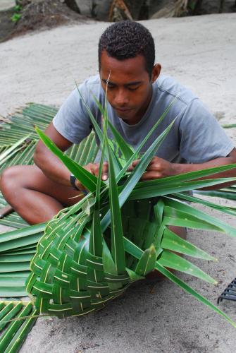 a man sitting on the ground looking at a palm plant at Bamboo Backpackers in Nadi