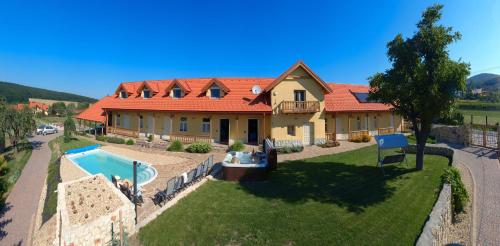 an aerial view of a house with a swimming pool at Penzión Tokaj Ostrožovič in Veľká Tŕňa