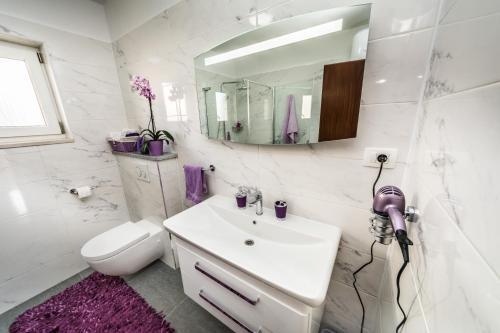a bathroom with a sink and a toilet and a mirror at Apartments Ivica in Split