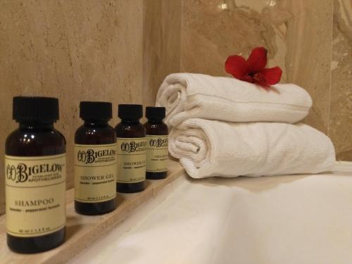 um grupo de cinco garrafas de óleos essenciais num lavatório de casa de banho em Circeo Park Hotel em San Felice Circeo