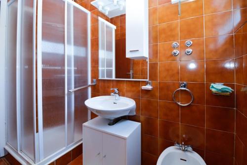 een badkamer met een wastafel, een douche en een toilet bij Apartment Nela 23 in Pula