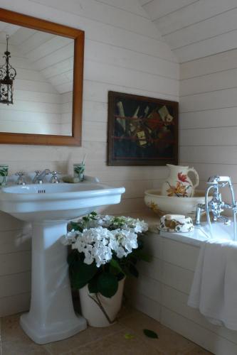 La salle de bains est pourvue d'un lavabo, d'un miroir et de fleurs. dans l'établissement Lodge Saint-Hymer, à Saint-Hymer
