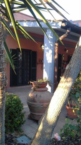 a house with two large vases on a patio at Appartamento Casa dei Frati in Magliano in Toscana