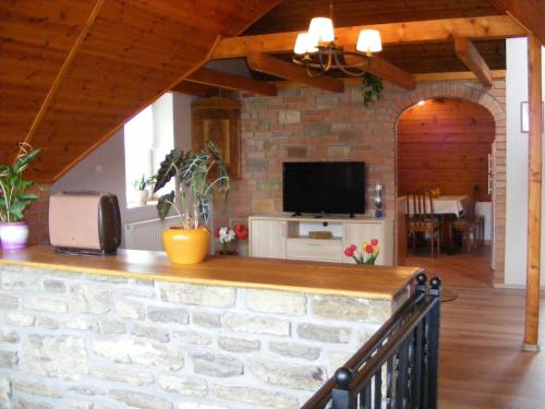 a stone bar in a living room with a tv at Jázmin Apartman in Tihany