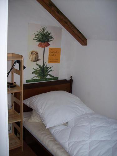 een slaapkamer met een bed en een boekenplank bij Ferienwohnung Sperlingslust in Schleswig