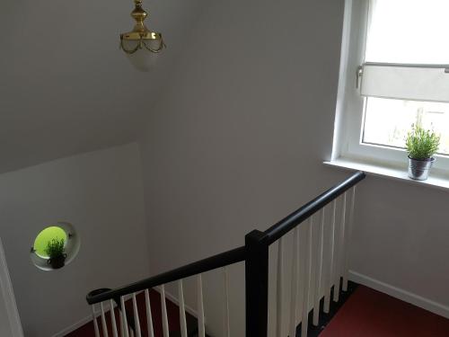 a staircase with a window and a green ball on it at Apartment am Park in Lehrte