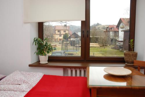 a bedroom with a table and a large window at Willa Gościnny Próg in Krościenko
