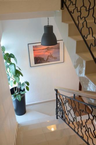 a staircase with a potted plant and a black lamp at Willa Gościnny Próg in Krościenko