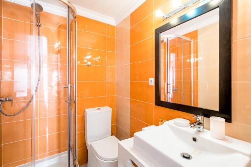 a bathroom with a toilet and a sink and a shower at Pateo Santo Estevao-Self Catering Apartments in Lisbon