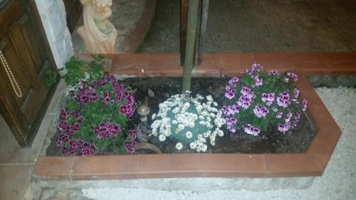 a planter with flowers and a statue in it at La Casa In Pietra in Santa Caterina Villarmosa