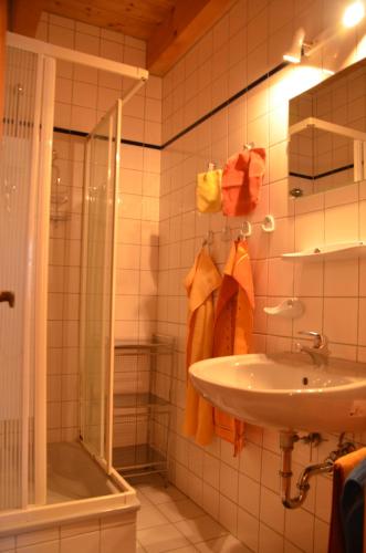 a bathroom with a sink and a shower at Haus Gaby Stöckl in Rauris