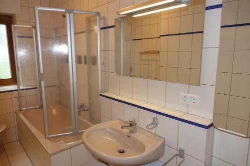 a bathroom with a sink and a shower at Ferienwohnung am Bodensee in Nonnenhorn