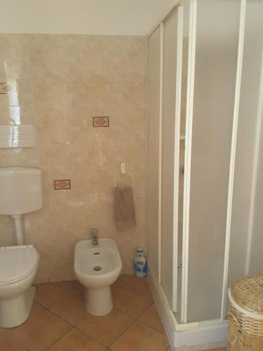a small bathroom with a toilet and a shower at mansarda fiorita in Abatemarco