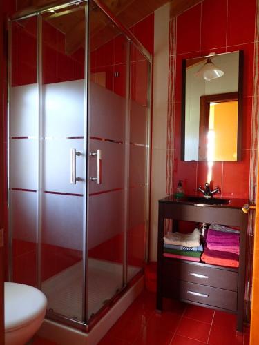 a red bathroom with a shower and a sink at El Requexu de Cervera in Cervera