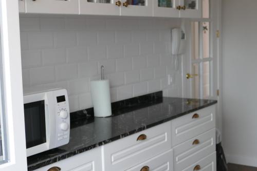 a kitchen with a counter top with a microwave at Villamercedes II in Villamayor
