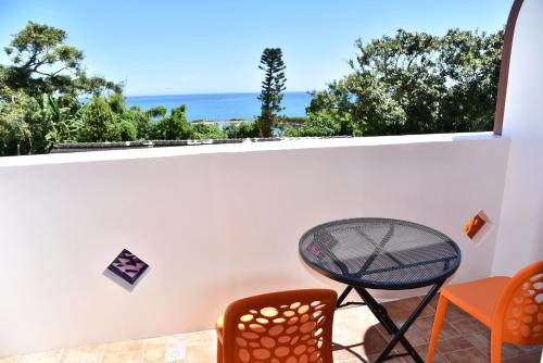 a balcony with a table and chairs and a view of the ocean at Spring Enjoy Color B&B in Taitung City