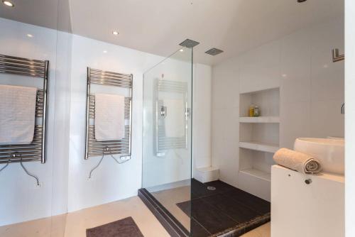 a bathroom with a glass shower and a sink at ROSS 5- F2, LUMINEUX, BALCON, LOFT, CLIM, Vieux-Nice in Nice