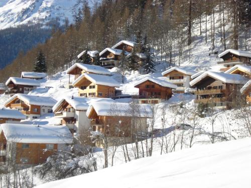 a group of houses covered in snow on a mountain at Haus Melodie in Wiler