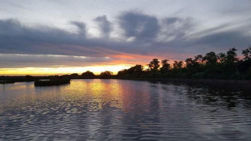 a view of a river with a sunset in the background at Nefelejcs Vendégház in Tóalmás