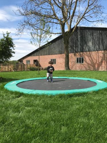 a boy sitting on a trampoline in the grass at Bed & Breakfast de Zandhoef in Eersel