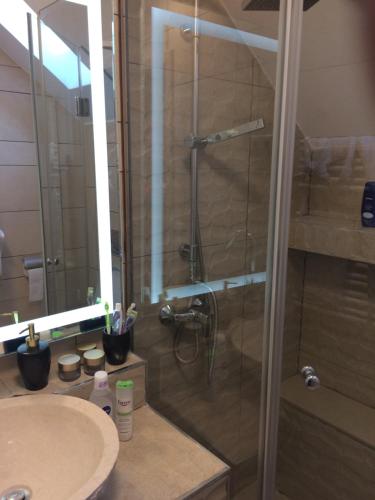 a bathroom with a shower and a sink at TIHANY (BALATON), BEST VIEW, SPACIOUS WELLNESS, CENTRAL , 50m BEACH in Tihany