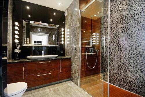 a bathroom with a sink and a glass shower at Livin Premium Apartments in Szczecin