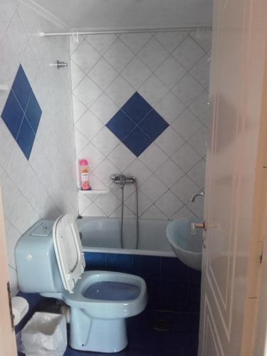 a blue and white bathroom with a toilet and a sink at Chris Apartment in Preveza